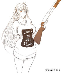 Rule 34 | 1girl, absurdres, ahoge, arm behind back, artist name, baggy clothes, breasts, clothes writing, collarbone, contrapposto, cowboy shot, crossed legs, curvy, english text, exonessis, girls&#039; frontline, gun, hair between eyes, hair ornament, hairclip, highres, holding, holding gun, holding weapon, ithaca m37, large breasts, long hair, looking at viewer, m37 (girls&#039; frontline), meme, naked shirt, no pants, pajamas, pajamas challenge (meme), print shirt, pulled by self, pump action, red eyes, rifle, shirt, shotgun, simple background, sketch, solo, t-shirt, taut clothes, taut shirt, thighs, tight clothes, tight shirt, tongue, tongue out, v-neck, very long hair, weapon, white background, wide hips