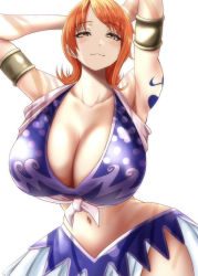 Rule 34 | 1girl, armpits, arms behind head, arms up, blush, breasts, brown eyes, cleavage, facing viewer, female focus, half-closed eyes, huge breasts, large breasts, long hair, looking at viewer, moriton, nami (one piece), narrow waist, naughty face, navel, one piece, orange hair, purple eyes, shoulder tattoo, simple background, smile, tattoo, thick thighs, thighs, white background, wide hips