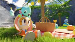 Rule 34 | &gt;o&lt;, 1girl, 3d, animal, animal on head, blue sky, bow, bowtie, brown eyes, chao (sonic), cheese (sonic), cloud, cream the rabbit, day, food, fruit, garden, happy, heart, highres, hypersonic172, looking up, melon, on head, open mouth, outdoors, palm tree, picnic, picnic basket, sitting, sky, smile, sonic (series), squiggle, tree