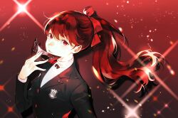 Rule 34 | 1girl, buttons, eye mask, female focus, hair ribbon, highres, looking at viewer, lor (roasyerizyonirapi), mask, matching hair/eyes, persona, persona 5, persona 5 the royal, ponytail, red background, red button, red eyes, red hair, ribbon, school uniform, shuujin academy school uniform, solo, sparkle, sparkle background, yoshizawa kasumi