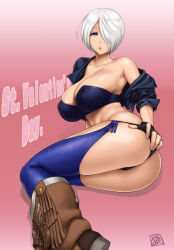 angel_(kof) bare_shoulders blue_eyes boots breasts collarbone cropped_jacket english_text fingerless_gloves gloves hand_on_own_ass large_breasts mexican_(nationality) open_mouth pepsitou short_hair simple_background the_king_of_fighters white_hair