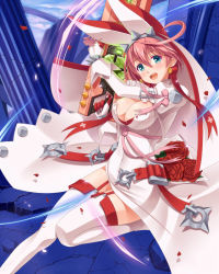 Rule 34 | 1girl, :d, ahoge, arm belt, belt, blue eyes, blush, bow, breasts, brick wall, cleavage, cloud, clover, covered navel, crack, dress, earrings, elphelt valentine, eyebrows, finger on trigger, fingernails over gloves, flower, four-leaf clover, garter straps, gloves, glowing, guilty gear, guilty gear xrd, gun, hair between eyes, hairband, hobenkei, holding, holding gun, holding weapon, jacket, jewelry, large breasts, long sleeves, open mouth, petals, pillar, pink bow, pink hair, pink ribbon, puffy long sleeves, puffy sleeves, red flower, red ribbon, red rose, ribbon, rose, rose petals, ruins, short hair, sky, smile, solo, spikes, thighhighs, veil, weapon, white dress, white jacket, white thighhighs