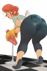 Rule 34 | 1girl, apron, ass, ass focus, bent over, black eyes, black footwear, blush, bow, cameltoe, checkered floor, cleft of venus, clothes writing, commentary, dexter&#039;s laboratory, dexter&#039;s mom, earrings, english commentary, flats, from behind, full body, gloves, green shirt, highres, huge ass, jewelry, kneepits, leggings, lipstick, looking back, makeup, mature female, mom (dexter&#039;s laboratory), no panties, nose, ortamaw, pants, pussy juice, pussy juice drip through clothes, red lips, rubber gloves, shirt, short hair, solo, spilling, stud earrings, surprised, sweatdrop, thick thighs, thighs, tight clothes, tight pants, tiptoes, turning head, twitter username, white background, yellow gloves