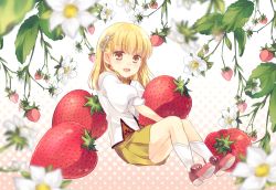 Rule 34 | 1girl, :d, blonde hair, blunt bangs, blurry, blush, brown eyes, depth of field, eyebrows, floral background, flower, food, fruit, full body, gradient background, hair ornament, hairclip, holding, holding food, holding fruit, kneehighs, kousetsu, long hair, looking at viewer, miniskirt, open mouth, oversized food, oversized object, pleated skirt, red footwear, rosetta, rune factory, rune factory 1, rune factory frontier, shoe soles, shoes, skirt, smile, socks, solo, strawberry, triangle, white flower, white socks, yellow skirt