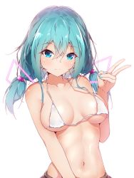 Rule 34 | 1girl, alternate costume, alternate hair length, alternate hairstyle, aqua eyes, aqua hair, areola slip, bare arms, bare shoulders, bikini, blush, breasts, breasts apart, closed mouth, commentary request, hair between eyes, halkawa501, halterneck, hand up, hatsune miku, highres, looking at viewer, medium breasts, medium hair, navel, shiny skin, short twintails, sidelocks, simple background, smile, solo, stomach, string bikini, swimsuit, twintails, upper body, v, vocaloid, white background, white bikini