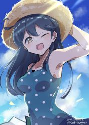 Rule 34 | 1girl, ahoge, black hair, blue sky, brown eyes, casual one-piece swimsuit, cloud, commentary request, dated, hat, highres, johssnny, kantai collection, long hair, one-piece swimsuit, one eye closed, polka dot, polka dot swimsuit, sky, solo, straw hat, sun hat, swimsuit, twitter username, upper body, ushio (kancolle)