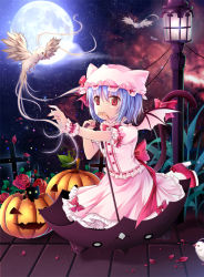 Rule 34 | 1girl, bat wings, bird, blue hair, bow, brick floor, cat, cat tail, cross, fingernails, fish, flower, full moon, grass, gyaza, hat, hat with ears, high heels, jack-o&#039;-lantern, kemonomimi mode, lamppost, moon, nail polish, nebula, night, outdoors, outstretched arm, petals, puffy short sleeves, puffy sleeves, red eyes, red flower, red rose, remilia scarlet, rose, short hair, short sleeves, skirt, skirt set, sky, solo, star (sky), starry sky, tail, tail bow, tail ornament, touhou, umbrella, wings, wrist cuffs