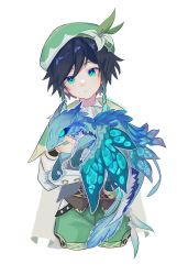 Rule 34 | 1boy, alternate size, aqua eyes, aqua hair, ascot, beret, black hair, braid, cape, carrying, character name, chinese commentary, commentary request, cowboy shot, cropped legs, dated, dragon, dvalin (genshin impact), expressionless, feathers, flower, genshin impact, gradient hair, green hat, green shorts, hat, hat flower, head tilt, highres, looking at viewer, male focus, multicolored hair, multiple wings, qm.chengzhi, short hair, shorts, side braids, simple background, standing, tail, talons, twin braids, two-tone hair, venti (genshin impact), white ascot, white background, white cape, wings