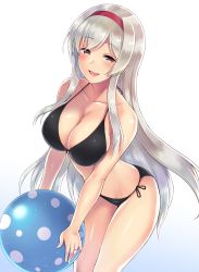 Rule 34 | 10s, 1girl, ball, beachball, bikini, black bikini, blue background, blush, breasts, brown eyes, cleavage, collarbone, cowboy shot, front-tie bikini top, front-tie top, gradient background, hairband, holding, holding ball, kantai collection, large breasts, leaning forward, long hair, looking at viewer, open mouth, saemon (tonpura), shoukaku (kancolle), side-tie bikini bottom, sidelocks, silver hair, simple background, smile, solo, swimsuit, thighs, very long hair, white background