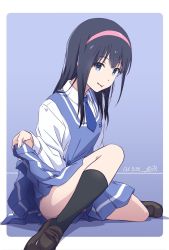 Rule 34 | 1girl, :p, black hair, black socks, blue background, blue eyes, blue necktie, blue skirt, brown footwear, clothes lift, commentary request, dress, hairband, highres, lifted by self, loafers, long hair, looking at viewer, necktie, nii manabu, original, outside border, pinafore dress, pink hairband, shoes, simple background, sitting, skirt, skirt lift, sleeveless, sleeveless dress, socks, solo, tongue, tongue out