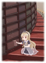 Rule 34 | 1girl, black dress, black hairband, blonde hair, blush, book, bookshelf, brown eyes, closed mouth, commentary request, dress, fire, goth risuto, hairband, holding, holding book, long hair, hugging object, original, pleated dress, railing, see-through, short sleeves, solo, stairs, very long hair