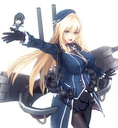 Rule 34 | 2girls, :d, ascot, atago (kancolle), beret, black choker, black gloves, black hair, black skirt, blonde hair, blue coat, blue eyes, blue headwear, blunt bangs, breasts, cannon, chibi, choker, coat, commentary request, frilled sleeves, frills, gloves, gr sword, hair between eyes, hat, highres, kantai collection, large breasts, long hair, long sleeves, looking at viewer, military uniform, multiple girls, open mouth, outstretched arms, pantyhose, rigging, short hair, simple background, skirt, smile, standing, standing on one leg, takao (kancolle), thighhighs, turret, uniform, waist cape, white background