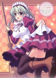 Rule 34 | 1girl, :d, absurdres, angelina nanatsu sewell, black thighhighs, boots, breasts, broom, checkered background, clothes lift, commentary, dress, dress lift, garter straps, green hair, highres, komori kei, lace, lace-trimmed skirt, lace trim, legs, maid, maid headdress, mashiroiro symphony, open mouth, purple eyes, short hair, skirt, smile, solo, thighhighs