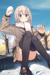 Rule 34 | 1girl, :t, bare tree, black footwear, black shirt, black thighhighs, blue eyes, blurry, blurry background, blush, braid, brown hair, brown jacket, brown skirt, building, closed mouth, cloud, commentary request, convenient leg, day, depth of field, enpera, enuni, hair ornament, hairclip, highres, holding, jacket, knees up, loafers, long sleeves, on ground, original, outdoors, plaid, plaid skirt, pleated skirt, pout, scarf, school uniform, shirt, shoes, sitting, skirt, snow, snowball, solo, tears, thighhighs, tree, white scarf