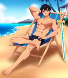 Rule 34 | 1boy, barefoot, beach, black eyes, black hair, blue jammers, blue male swimwear, catnappe143, day, feet, full body, highres, jammers, kazehaya kamito, looking at viewer, male focus, male swimwear, muscular, ocean, on chair, palm tree, seirei tsukai no blade dance, sitting, sword, topless male, tree, weapon