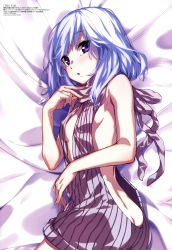 Rule 34 | 1girl, absurdres, aran sweater, ass, backless dress, backless outfit, bare back, bare shoulders, bed sheet, blush, breasts, butt crack, cable knit, dies irae, drawstring, dress, g yuusuke, grey sweater, highres, himuro rea, looking at viewer, looking back, lying, megami magazine, meme attire, naked sweater, official art, on side, open mouth, purple eyes, ribbed sweater, scan, shinza bansho series, short hair, sideboob, silver hair, small breasts, solo, sweater, turtleneck, virgin killer sweater