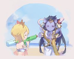 Rule 34 | 1boy, 1girl, aiming, arms up, beach, bikini, blonde hair, blue hair, blue skin, blue sky, border, chibi, closed eyes, cloud, colored skin, europa (granblue fantasy), extra arms, flower, flower necklace, granblue fantasy, hands up, highres, holding, holding water gun, jewelry, kiriyama2109, lei, long hair, necklace, ocean, outdoors, outstretched arms, purple eyes, purple skin, rabbit pose, sand, shiva (granblue fantasy), short hair, sky, smile, snake, swimsuit, tiara, toga, upper body, water gun, white bikini, white snake, white wristband, wristband