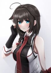 Rule 34 | 1girl, ahoge, belt, black gloves, black hair, blue eyes, braid, breasts, chest harness, fingerless gloves, gloves, hair between eyes, hair flaps, hair over shoulder, harness, highres, kantai collection, large breasts, long hair, necktie, red necktie, shigure (kancolle), shigure kai san (kancolle), shirt, single braid, single glove, sleeveless, sleeveless shirt, solo, totoraisu, two-tone shirt, upper body, white belt
