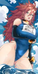 Rule 34 | 1girl, android 21, arm at side, arm guards, armband, armlet, ass, bad tag, black gloves, blue eyes, blue one-piece swimsuit, blush, bracelet, breasts, cloud, competition swimsuit, curvy, day, dragon ball, dragon ball fighterz, earrings, elbow gloves, fang, female focus, ginger, gloves, hand at side, hand on own chest, highres, hip bones, hip focus, hoop earrings, huge ass, huge breasts, jewelry, large breasts, long hair, looking at viewer, looking down, messy hair, necklace, ocean, one-piece swimsuit, open mouth, orange hair, outdoors, red hair, ring, ring necklace, ringlets, skin fang, sky, solo, spiked hair, spikey hair, standing, sweat, sweatdrop, swimsuit, tall, thick thighs, thighs, water, water drop, wet, wet clothes, wet hair, wet swimsuit, wide hips, wild hair, wrist guards, wristband