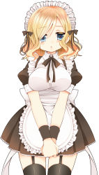 Rule 34 | 10s, 1boy, apron, black thighhighs, blonde hair, blue eyes, blush, bow, breast padding, breasts, crossdressing, garter straps, hair bow, highres, himegoto, himegoto (manga), large breasts, maid, maid apron, maid headdress, male focus, open mouth, own hands together, ribbon, short hair, solo, thighhighs, toyotomi hiro, trap, tsukudani norio, wristband