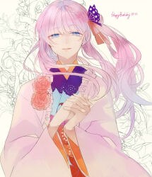 Rule 34 | 1girl, blue eyes, dated, floral background, fuyuura megumi, getsuei no kusari, happy birthday, japanese clothes, kimono, long hair, long sleeves, looking at viewer, megochi, open mouth, own hands clasped, own hands together, pink hair, pink kimono, smile, solo, white background