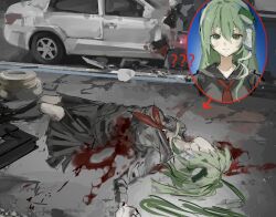 1girl ? ?? arrow_(symbol) black_sailor_collar black_shirt black_skirt blood blood_on_clothes blood_on_face blood_on_ground car car_crash death green_hair hair_between_eyes hair_tubes highres kochiya_sanae long_hair lying motor_vehicle neckerchief on_back on_ground red_neckerchief road sailor_collar sesmkun shirt skirt solo touhou