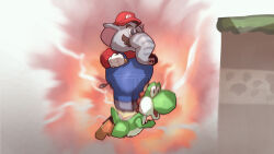 Rule 34 | absurdres, blue overalls, boots, brown footwear, elephant mario, furry, furry male, gloves, hat, highres, jumping, mario, mario (series), motion blur, nintendo, open mouth, overalls, red headwear, red shirt, shiburingaru, shirt, super mario bros. wonder, white gloves, yoshi