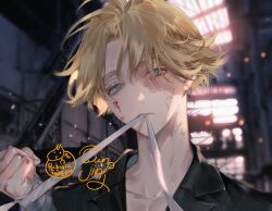 Rule 34 | 1boy, artist name, bandaged hand, bandages, black jacket, blonde hair, blood, blood on face, blue eyes, burn scar, closed mouth, collared jacket, funpjinju, hand up, indoors, inui seishu, jacket, looking at viewer, male focus, mouth hold, portrait, scar, scar on face, short hair, solo, tokyo revengers