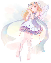 Rule 34 | 1girl, bang dream!, barefoot, blonde hair, bubble, dew (dltmf2266), dress, fairy wings, feet, flower, full body, half updo, head wreath, leg ribbon, long hair, looking at viewer, own hands clasped, own hands together, red eyes, ribbon, shawl, shirasagi chisato, smile, solo, white ribbon, wings