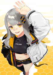 Rule 34 | 1girl, :d, absurdres, arm above head, bandaid, bandaid on face, bandaid on nose, belt, black shorts, black thighhighs, crop top, grey hair, grey jacket, hachi (live union), hand up, highres, jacket, live union, long hair, long sleeves, looking at viewer, midriff, navel, open clothes, open jacket, open mouth, reiga (act000), shorts, single thighhigh, smile, solo, thighhighs, virtual youtuber, yellow eyes