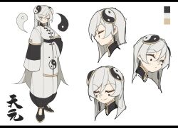 Rule 34 | 1girl, ^ ^, breasts, character sheet, chinese clothes, closed eyes, double bun, earrings, facial mark, full body, grey hair, hair between eyes, hair bun, hand on own hip, hanenosaki, jewelry, long hair, medium breasts, original, simple background, smile, white background
