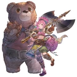 Rule 34 | 1girl, abby (shingeki no bahamut), animal, axe, backpack, bag, bare shoulders, battle axe, bear, blue ribbon, boots, brown eyes, brown footwear, brown gloves, claws, closed mouth, crescent, crop top, eyebrows, full body, fur collar, fur trim, gloves, granblue fantasy, green shorts, hair ribbon, holding, holding weapon, huge weapon, leg up, looking at viewer, navel, official art, over shoulder, pink hair, puffy pants, ribbon, shingeki no bahamut, short hair, short ponytail, shorts, sleeveless, smile, standing, standing on one leg, transparent background, weapon, weapon over shoulder