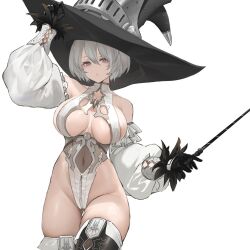 Rule 34 | 1girl, 2b (nier:automata), black gloves, black hat, black thighhighs, breasts, commentary, curvy, detached sleeves, dishwasher1910, gloves, gluteal fold, grey eyes, grey hair, hand on headwear, hat, highleg, highleg leotard, holding, holding wand, large breasts, leotard, looking at viewer, original, puffy sleeves, shiny skin, short hair, simple background, solo, thighhighs, thighs, thong leotard, wand, white background, white leotard, white sleeves, wide hips, witch, witch hat, wizard hat