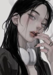 Rule 34 | 1girl, black hair, black nails, cigarette, ear piercing, earrings, eriol s2, expressionless, fingernails, grey background, grey eyes, headphones, headphones around neck, holding, holding cigarette, jewelry, korean commentary, looking at viewer, mole, mole under eye, nail polish, open mouth, original, piercing, portrait, ring, simple background, smoke, solo, teeth
