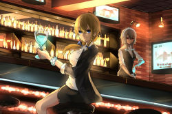 Rule 34 | 2girls, akira (mr akira), alcohol, alternate costume, alternate eye color, alternate hairstyle, bar (place), bar stool, bartender, blonde hair, blue eyes, bottle, bow, braid, breasts, brick wall, cocktail, cocktail glass, contemporary, cup, drinking glass, expressionless, hair bow, highres, izayoi sakuya, jacket, kirisame marisa, lights, looking at viewer, maid headdress, miniskirt, mrakira, multiple girls, open clothes, open jacket, ponytail, pouring, red eyes, shelf, short hair, silver hair, single braid, sitting, skirt, sleeves rolled up, smile, stool, television, touhou, twin braids, vest, wrist cuffs