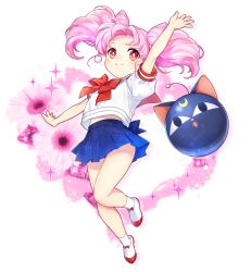 Rule 34 | 1girl, arm up, back bow, bare arms, bare legs, bishoujo senshi sailor moon, blue bow, blue skirt, bow, chibi usa, closed mouth, cone hair bun, double bun, flower, full body, hair bun, highres, looking at viewer, luna-p, parted bangs, pink hair, pleated skirt, red bow, red eyes, red sailor collar, riq, sailor collar, school uniform, serafuku, shirt, shoes, short hair, simple background, skirt, smile, socks, toy, twintails, white background, white footwear, white legwear, white shirt