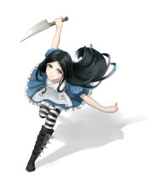 Rule 34 | 1girl, absurdres, alice (alice in wonderland), alice in wonderland, alice liddell (american mcgee&#039;s alice), american mcgee&#039;s alice, apron, black hair, boots, dress, green eyes, highres, knife, striped clothes, striped thighhighs, thighhighs