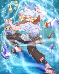 Rule 34 | 1boy, alternate costume, arlen (fire emblem), artist name, belt, blonde hair, book, bottle, fire emblem, fire emblem: new mystery of the emblem, fire emblem heroes, food, full body, green eyes, highres, jewelry, long hair, male focus, necklace, nintendo, open mouth, sandals, shaved ice, solo, sparkle, sting chameleao, teeth, towel