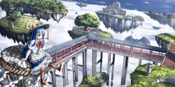 Rule 34 | 1girl, above clouds, absurdres, architecture, black hat, blue hair, blue skirt, blue sky, boots, bow, bowtie, bridge, brown footwear, building, center frills, closed mouth, cloud, collared shirt, commentary, continullence, cross-laced footwear, day, east asian architecture, english commentary, floating island, floating rock, frilled skirt, frills, full body, hat, highres, hinanawi tenshi, keystone, leaf hat ornament, long hair, medium bangs, outdoors, peach hat ornament, puffy short sleeves, puffy sleeves, rainbow gradient, red bow, red bowtie, red eyes, rope, scenery, shide, shimenawa, shirt, short sleeves, sitting, skirt, sky, smile, solo, touhou, tree, water, waterfall, white shirt