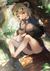 Rule 34 | 1girl, absurdres, breasts, bullpup, commission, double bun, earrings, girls&#039; frontline, gun, hair bun, highres, horizontal magazine, huge filesize, jewelry, light brown hair, medium breasts, official alternate costume, p90, p90 (girls&#039; frontline), p90 (the girl from b.e.l) (girls&#039; frontline), personal defense weapon, pixiv commission, red eyes, saitogiulio, short hair, solo, submachine gun, weapon