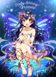 Rule 34 | 10s, 1girl, 2017, :d, ankle lace-up, bandeau, barefoot, blue hair, butterfly hair ornament, butterfly wings, character name, cross-laced footwear, crossed bangs, dated, feet, floating, flower, flower necklace, hair ornament, happy birthday, head wreath, ichinose yukino, insect wings, jewelry, layered skirt, long hair, love live!, love live! school idol festival, love live! school idol project, necklace, open mouth, skirt, smile, solo, sonoda umi, sparkle, toes, wings, yellow eyes
