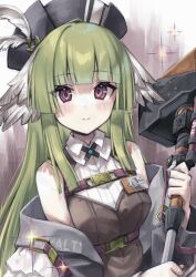 Rule 34 | 1girl, absurdres, arknights, bare shoulders, black headwear, blunt bangs, blush, breasts, closed mouth, commentary request, feathered wings, green hair, hammer, hat feather, head wings, highres, holding, holding hammer, long hair, looking at viewer, medium breasts, poncirus (arknights), purple eyes, semi colon, shirt, sidelocks, sleeveless, sleeveless shirt, solo, upper body, white wings, wings