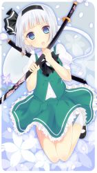 Rule 34 | 1girl, :o, bad id, bad pixiv id, blue eyes, bobby socks, bow, bowtie, cherry blossoms, dress shirt, flower, frilled skirt, frills, ghost, green skirt, green vest, hair ribbon, hairband, highres, hitodama, katana, konpaku youmu, konpaku youmu (ghost), ktou3, loafers, looking at viewer, mary janes, open mouth, puffy short sleeves, puffy sleeves, ribbon, scabbard, sheath, sheathed, shirt, shoes, short hair, short sleeves, silver hair, skirt, socks, solo, sword, touhou, vest, weapon, white shirt