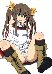 Rule 34 | 10s, 1girl, bare shoulders, blush, boots, bow, bow panties, brown hair, comord, cross-laced footwear, fang, green eyes, highres, huang lingyin, infinite stratos, panties, pantyshot, pink panties, sitting, solo, striped clothes, striped panties, sweat, twintails, underwear, uniform