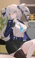 Rule 34 | 0066, 1girl, belt, black gloves, black skirt, black thighhighs, blue eyes, blue jacket, blurry, blurry background, blush, breasts, bronya zaychik, bronya zaychik (silverwing: n-ex), chinese commentary, cleavage, closed mouth, commentary request, drill hair, gloves, grey eyes, grey hair, hair between eyes, hair ornament, highres, honkai (series), honkai impact 3rd, id card, indoors, jacket, lanyard, large breasts, long hair, long sleeves, looking at viewer, office, office lady, official alternate costume, official alternate hairstyle, pink pupils, shirt, single thighhigh, sitting, skirt, solo, sweater, thighhighs, twin drills, white shirt