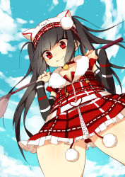 Rule 34 | &gt; &lt;, 1girl, animal hat, bad id, bad pixiv id, bell, belt, black hair, closed eyes, collar, detached sleeves, female focus, frills, from below, golf club, hat, jingle bell, kooh, long hair, outdoors, pangya, red eyes, sky, solo, twintails, yamaki suzume
