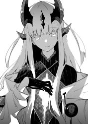 Rule 34 | 1girl, absurdres, arknights, dragon horns, gloves, greyscale, highres, horns, jacket, light in heart, long hair, long sleeves, looking at viewer, monochrome, open clothes, parted lips, reed (arknights), simple background, solo, toxin000x, upper body