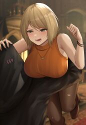Rule 34 | 1boy, 1girl, absurdres, ashley graham, blonde hair, blurry, blurry background, bracelet, breasts, brown pantyhose, carrying, clenched hand, commentary request, green eyes, highres, indoors, jewelry, kurone rinka, large breasts, necklace, open mouth, orange sweater, pantyhose, resident evil, resident evil 4, resident evil 4 (remake), short hair, sleeveless, sleeveless sweater, sweater, teeth, torn clothes, torn pantyhose, translation request, turtleneck, turtleneck sweater