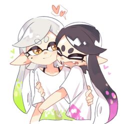 Rule 34 | 2girls, black hair, blush, callie (splatoon), closed eyes, closed mouth, collarbone, commentary request, cousins, cropped torso, cross-shaped pupils, fangs, gradient hair, green hair, grey hair, haitun youyou, heart, hug, inkling, long hair, looking at another, marie (splatoon), mole, mole under eye, multicolored hair, multiple girls, nintendo, open mouth, parted bangs, pink hair, pointy ears, shirt, short eyebrows, short sleeves, sidelocks, simple background, smile, speech bubble, splatoon (series), splatoon 2, spoken heart, swept bangs, symbol-shaped pupils, t-shirt, teeth, tentacle hair, thick eyebrows, tongue, upper body, v-shaped eyebrows, white background, white shirt, yellow eyes