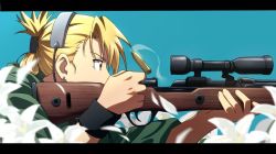 Rule 34 | 1girl, aiming, black wristband, blonde hair, blue sky, bolt action, brown eyes, casing ejection, commentary, earrings, flower, folded ponytail, fullmetal alchemist, green jacket, gun, headset, holding, holding gun, holding weapon, jacket, jewelry, kurohane, letterboxed, looking away, official style, outdoors, profile, rifle, riza hawkeye, scope, shell casing, short hair, sky, sleeves rolled up, solo, stud earrings, upper body, weapon, white flower, wristband